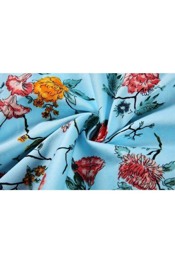 Beautiful Blue with Floral Birds Folded Collar A Line Dress with Pockets