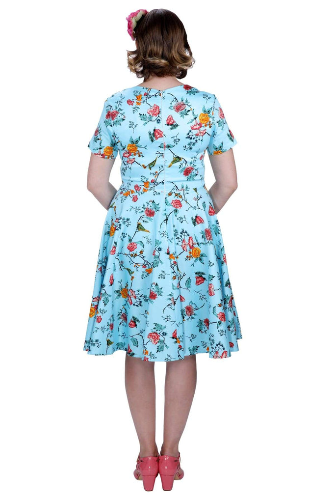 Beautiful Blue with Floral Birds Folded Collar A Line Dress with Pockets