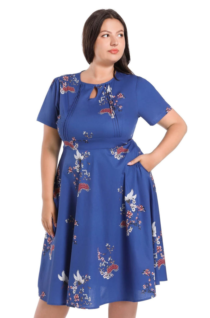 Beautiful Blue Keyhole Short Sleeve Crane & Blossom A Line Cotton Vintage Dress with Pockets
