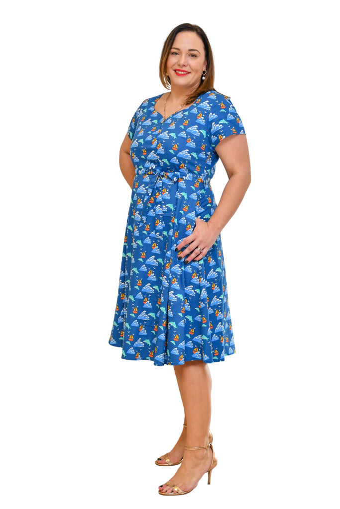 Beautiful Blue Ocean Sweetheart A Line Cotton Dress with Pockets