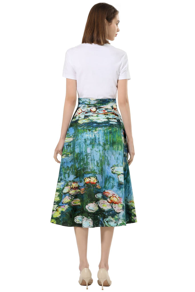 Beautiful Monet Water Lilies Aline Placed Print Cotton Skirt with Pockets