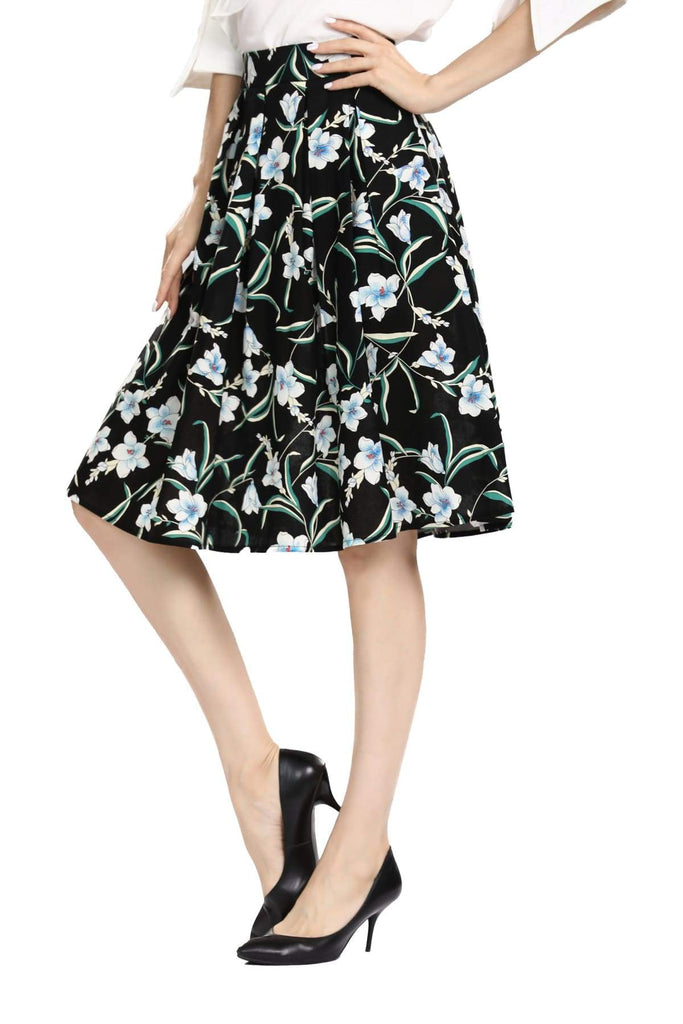 Black with Beautiful White and Blue Lily Box Pleated Skirt with Pockets