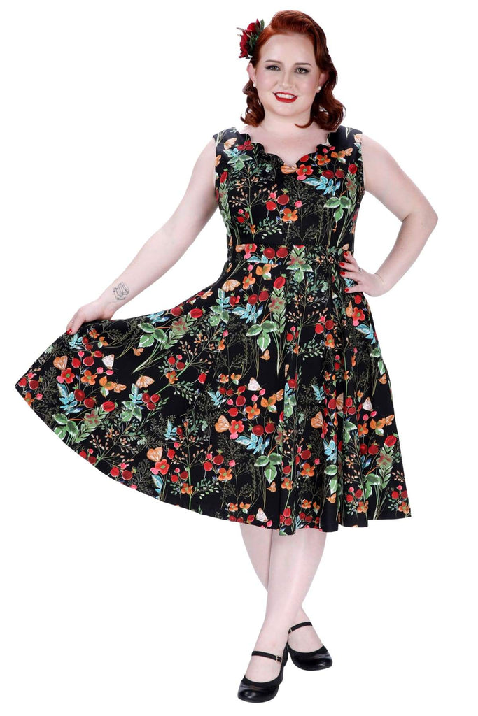 Black with Berry Flower and Butterfly Scallop Neckline A Line Dress