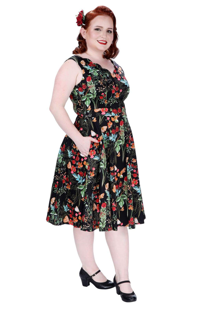Black with Berry Flower and Butterfly Scallop Neckline A Line Dress