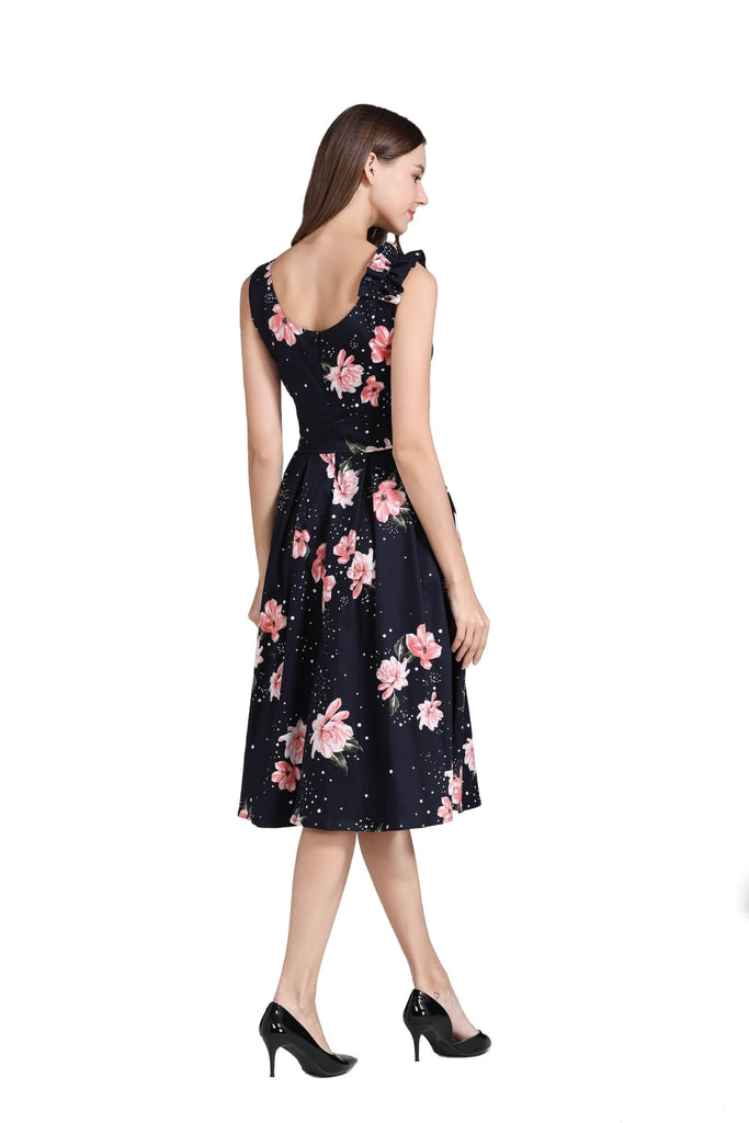 Black Crossover V Neckline with Blooming Pink Peonies A Line Dress with Pockets