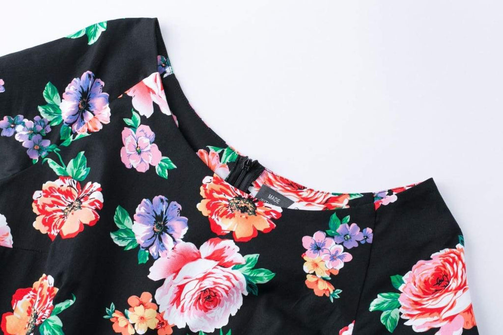 Black Floral Garden Scoop Neck Vintage Dress