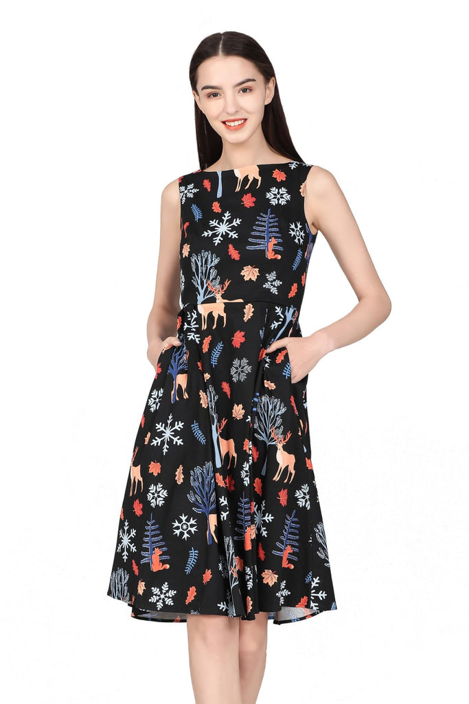 Black Night Forest Boat Neck A Line Cotton Dress with Pockets