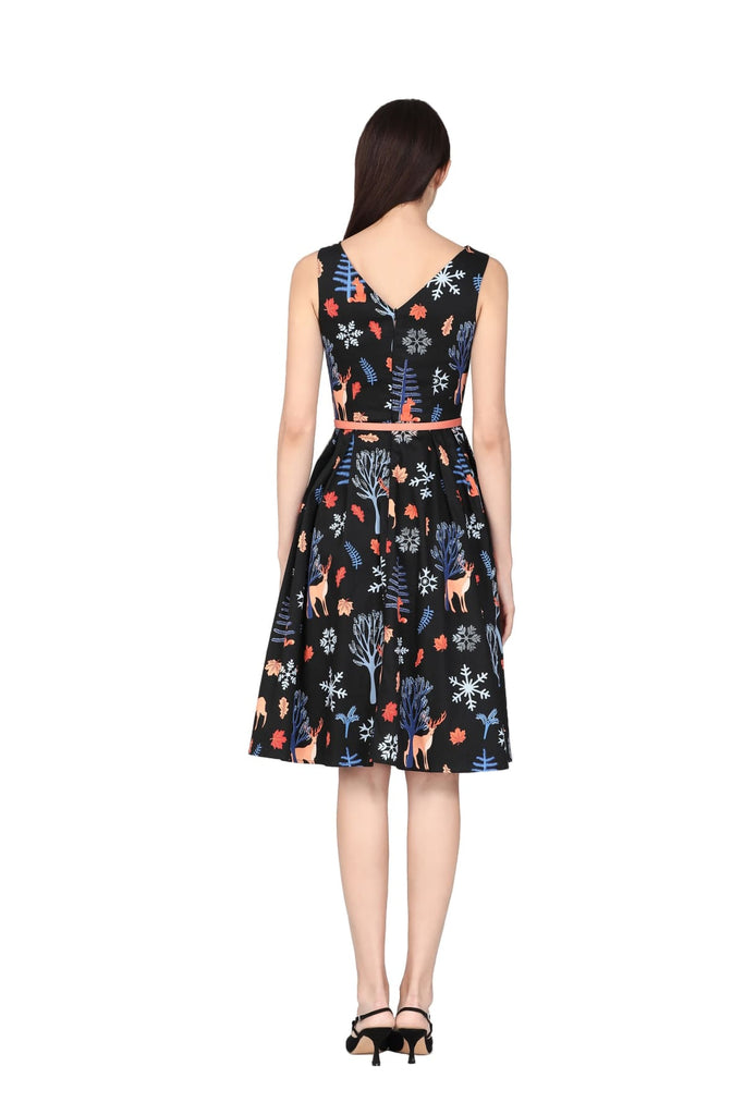 Black Night Forest Boat Neck A Line Cotton Dress with Pockets