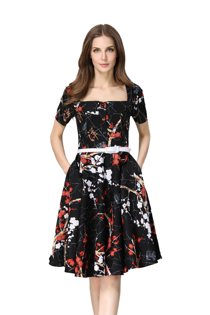 Black with Red and White Blossom Folded Collar A Line Dress with Pockets