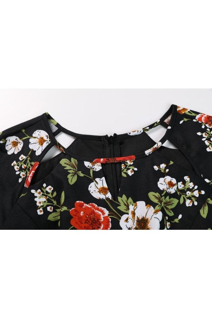 Black Scoop Key Hole Detail Neckline with Red and White Florals