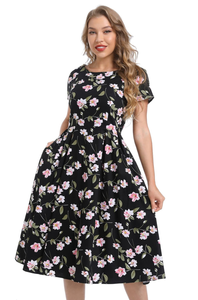 Black Scoop Neck Pink Floral Cotton A Line Cotton Dress with Pockets
