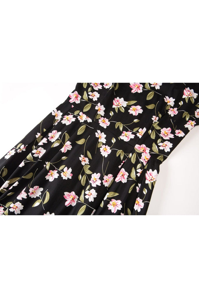 Black Scoop Neck Pink Floral Cotton A Line Cotton Dress with Pockets