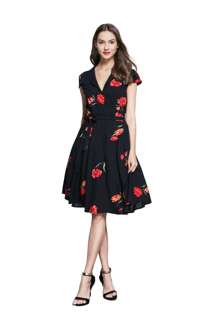 Black Shawl Collared Wrap Dress with Gorgeous Red Peony and Pockets