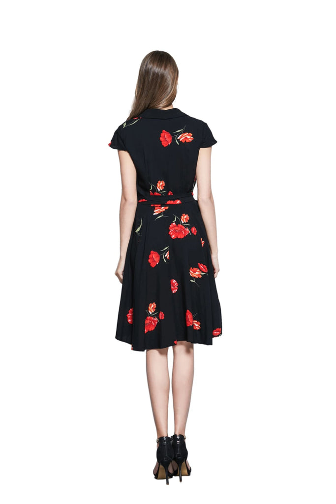 Black Shawl Collared Wrap Dress with Gorgeous Red Peony and Pockets
