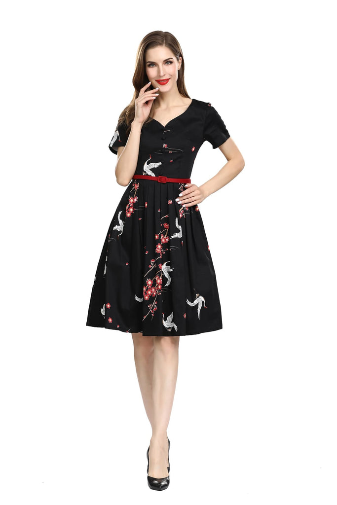 Black Sweetheart Pleated A-Line Dress with White Cranes and Pink Cherry Blossom Short Sleeve Vintage Dress