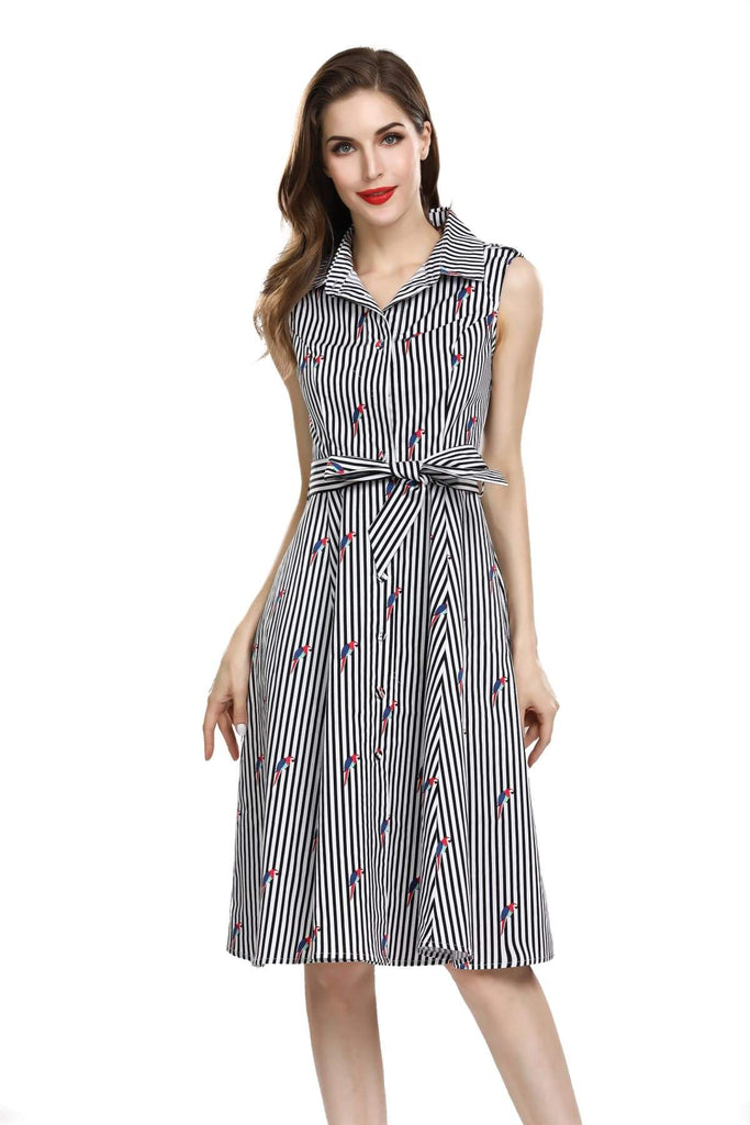 Black and White Stripe Shirt Dress with Blue and Red Macaws with Pockets