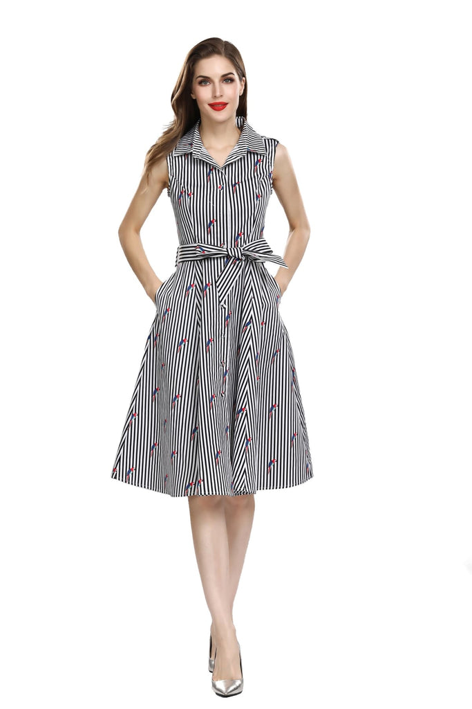 Black and White Stripe Shirt Dress with Blue and Red Macaws with Pockets