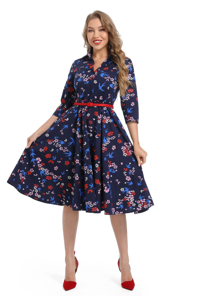 Blue Bird Floral Collared Cotton Vintage Dress with 3/4 Sleeves and Pockets