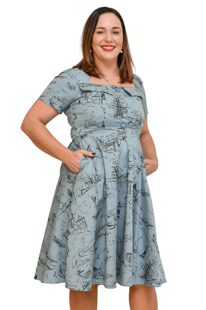 Blue Grey Nautical Square Neckline Folded Collar A Line Cotton Dress with Pockets