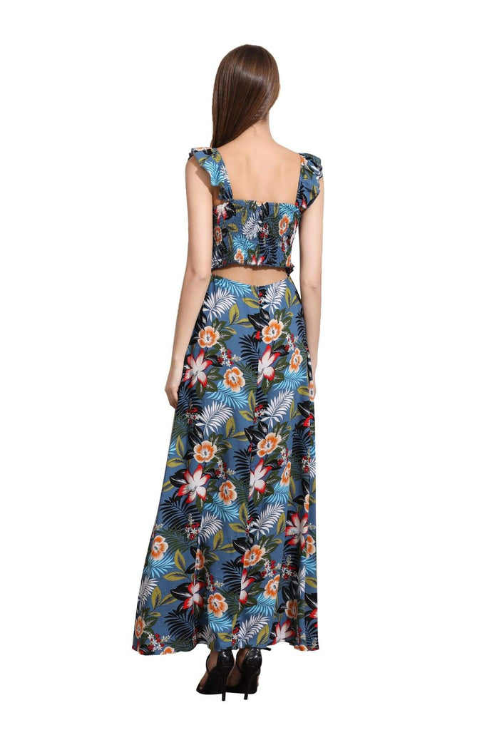 Blue Sweetheart Neckline Ruffle Strap with Island Floral and Palm Leaf Tie Waist Maxi