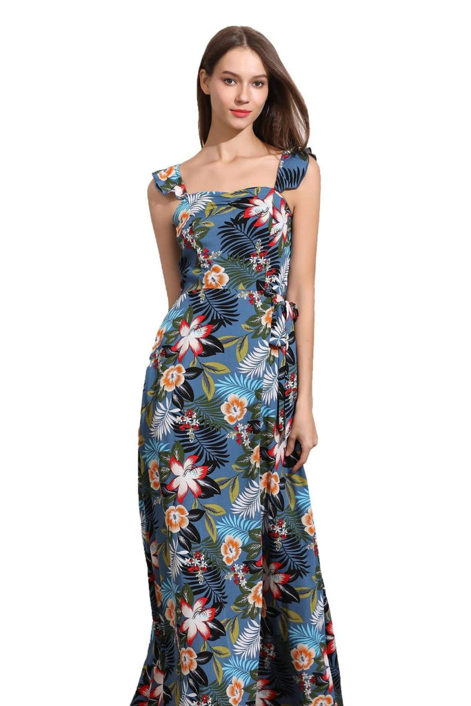 Blue Sweetheart Neckline Ruffle Strap with Island Floral and Palm Leaf Tie Waist Maxi