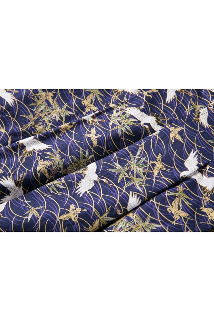 Blue with White Japanese Cranes A Line Skirt