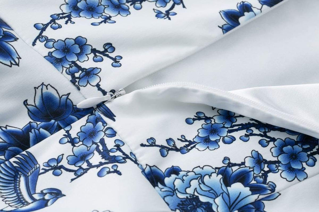 Blue & White Porcelain Cross Neck Vintage Swing Dress