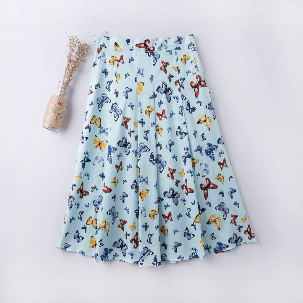 Butterfly Blue A-line Cotton Skirt