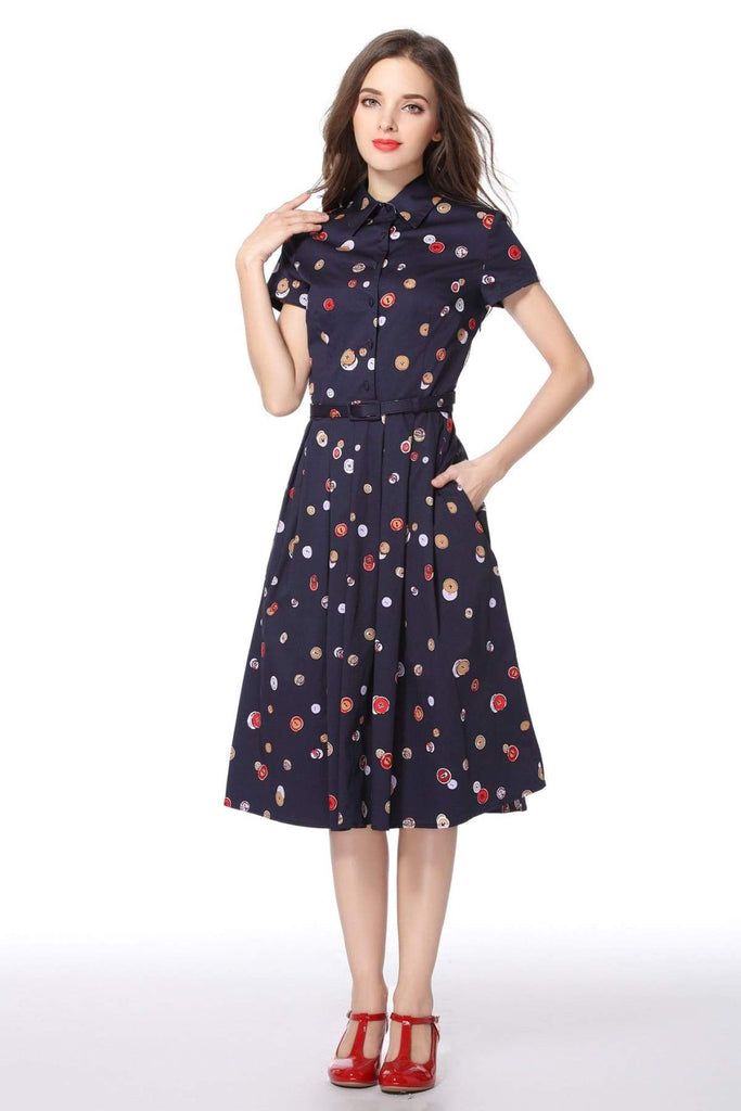Buttons Navy Collared Cotton Vintage Dress