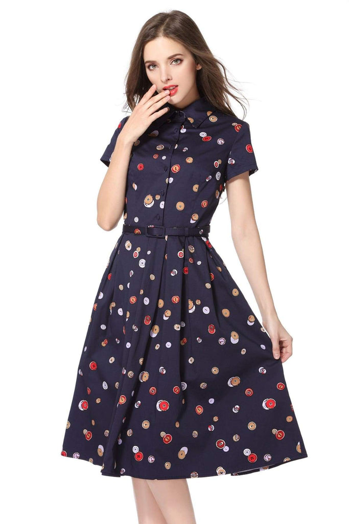 Buttons Navy Collared Cotton Vintage Dress