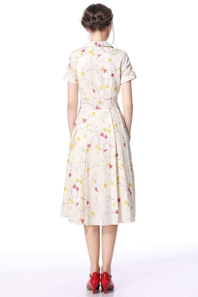 Cherry Blossom Beige Collared Cotton Vintage Dress