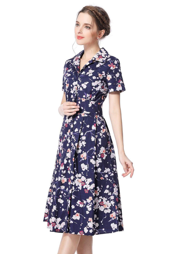 Cherry Blossom Navy Collared Cotton Vintage Dress