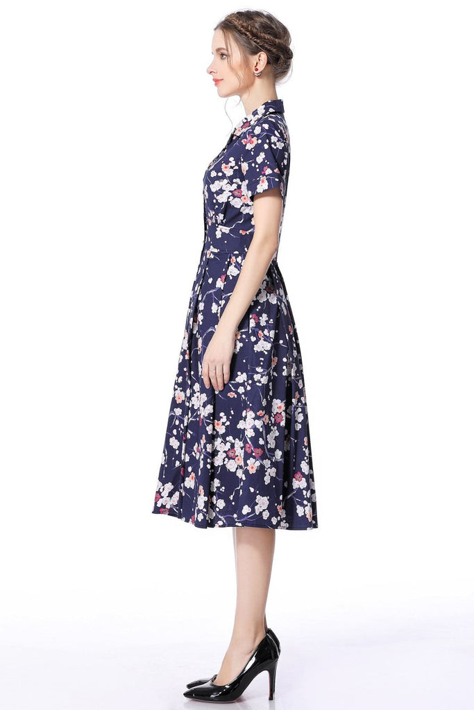 Cherry Blossom Navy Collared Cotton Vintage Dress