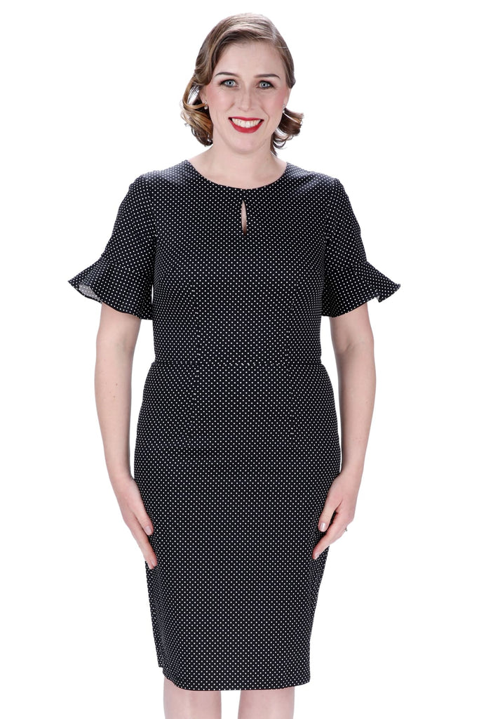 Classic Black with White Polka Dot Slit Detail Bell Sleeve Pencil Dress