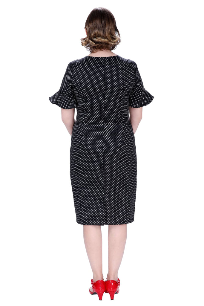 Classic Black with White Polka Dot Slit Detail Bell Sleeve Pencil Dress