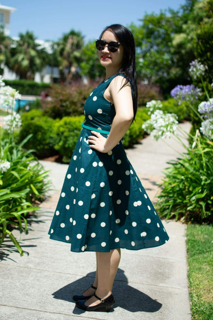 Classic Green Scoop Neck with Cream Polkadot Cotton A Line Dress with Pockets