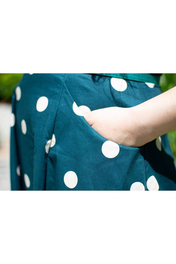Classic Green Scoop Neck with Cream Polkadot Cotton A Line Dress with Pockets