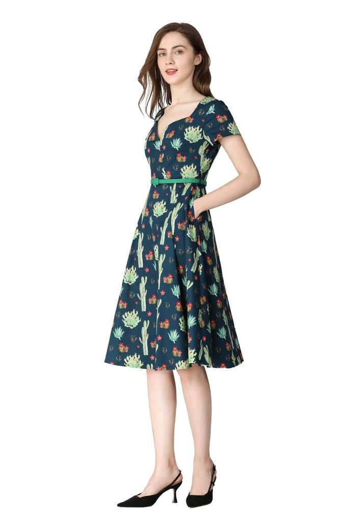Dark Blue Green Sweetheart A Line Cactus Cotton Dress with Pockets