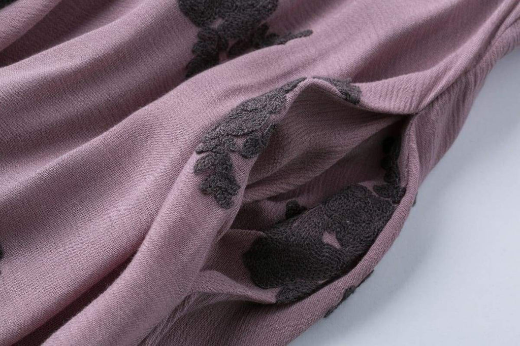 Dark Lavender Lace Embroidery V Neck Vintage Swing Dress