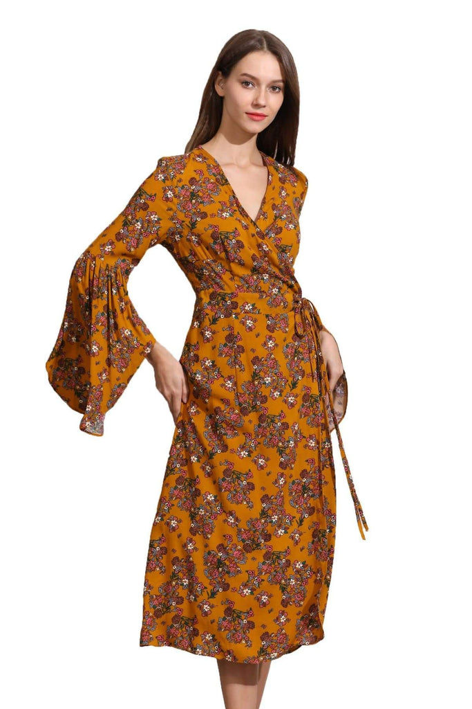 Dark Mustard Yellow Angel Sleeve with Pink Bouquets Wrap Dress