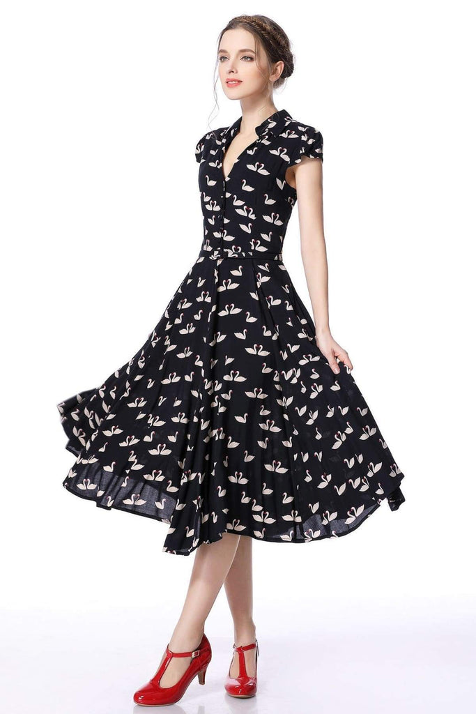 Dark Navy Swan Print Collared Cotton Rayon Vintage Dress