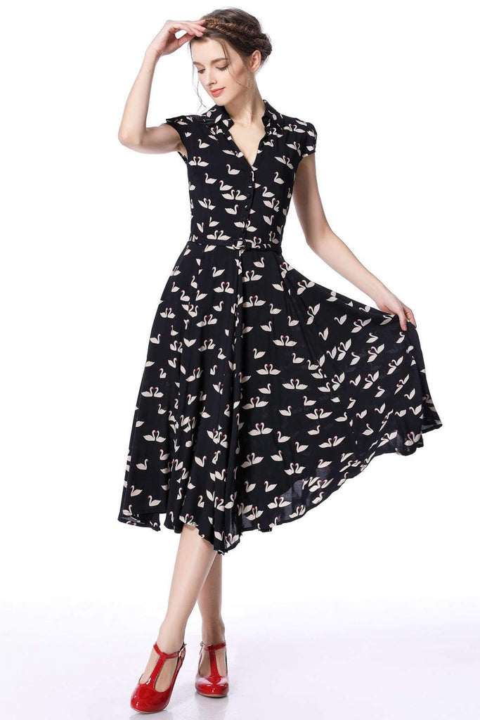 Dark Navy Swan Print Collared Cotton Rayon Vintage Dress
