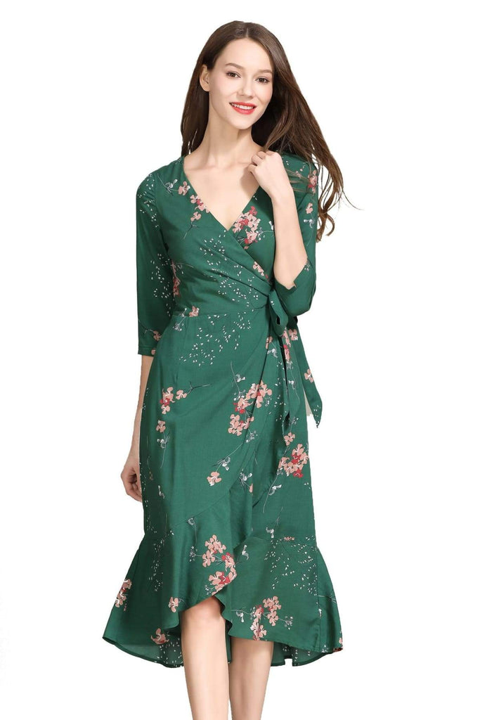 Elegant Pink Blossom Emerald Green Ruffle Wrap Dress