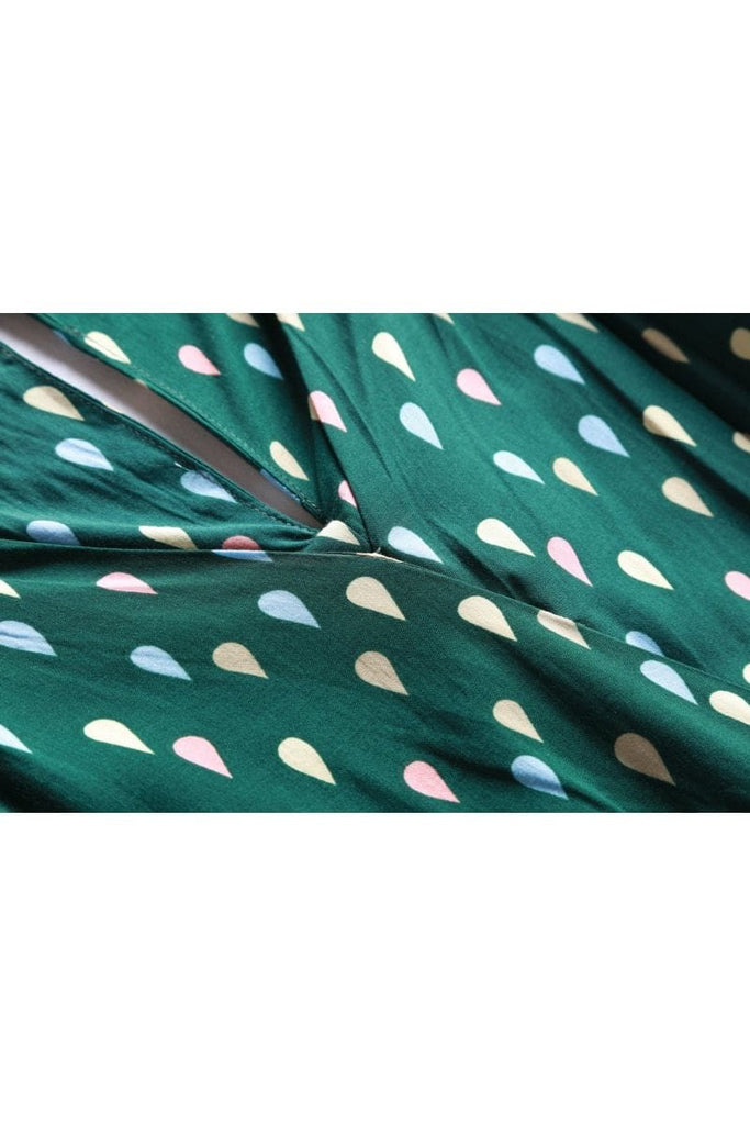 Emerald Green V Neck Cross Over Dress with Coloured Drops and Pockets
