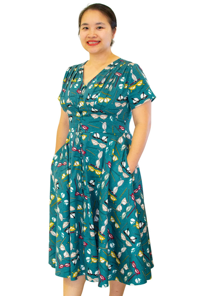 Fun Green with Glasses & Pencil V Neck Button Front A Line Short Sleeve Cotton Dress with Pockets