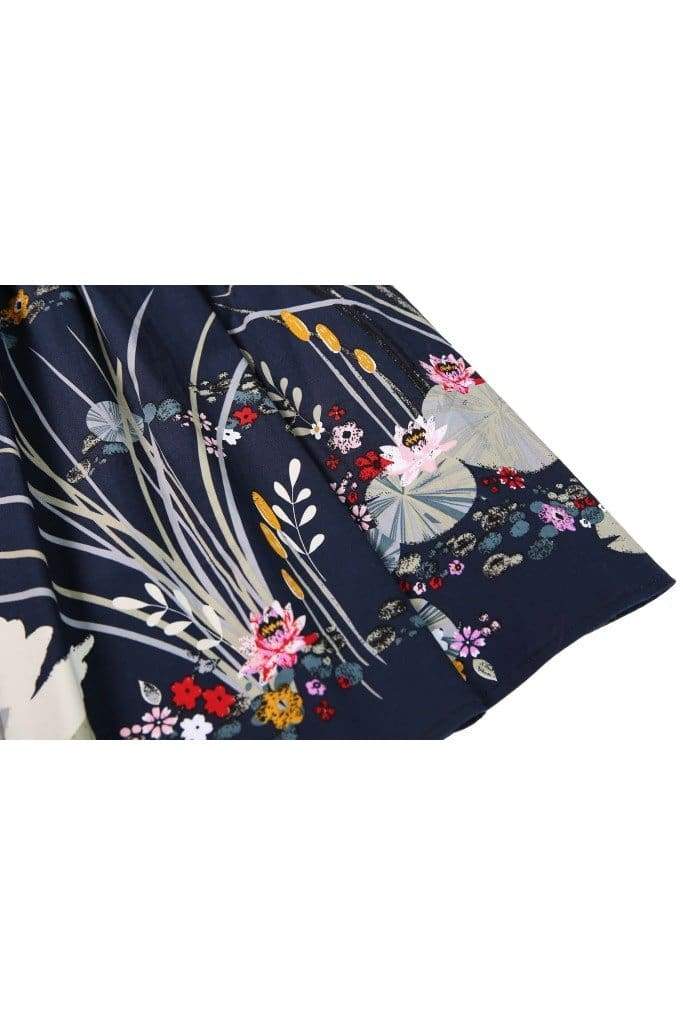 Gorgeous Box Pleated Navy Swan Floating in Pond of Lotus Flowers with Pockets