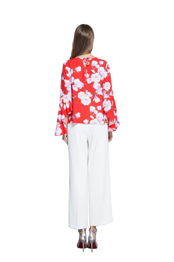 Gorgeous Red Scoop Neck with White Magnolia and Pink Bell Sleeve Top