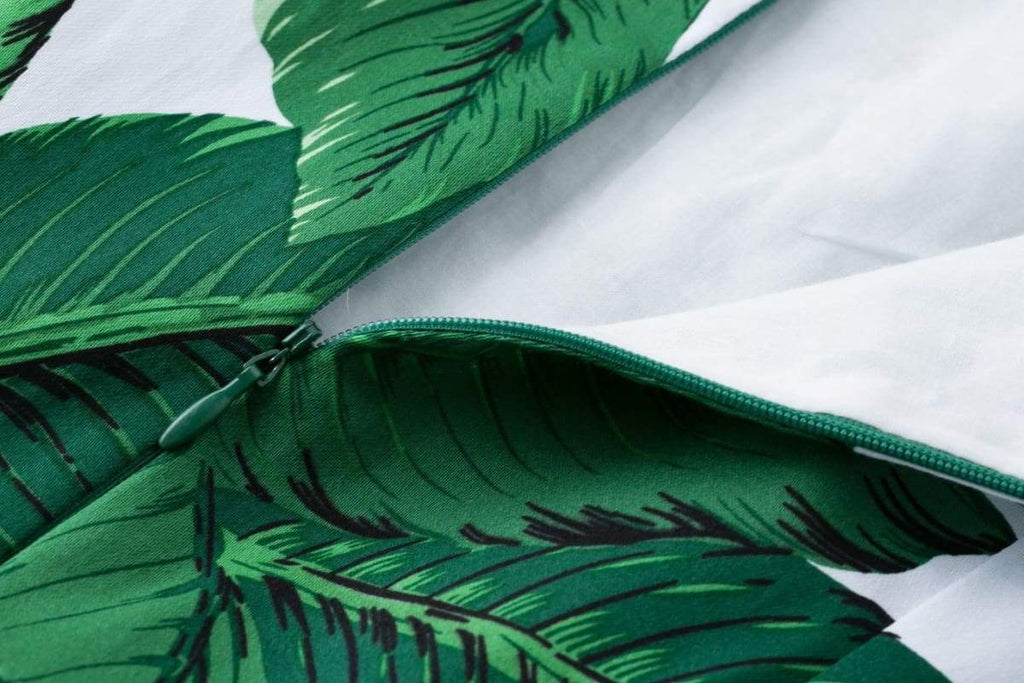 Green Palm Leaves Scoop Neck Vintage Dress