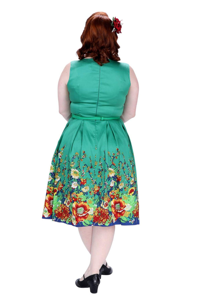 Green Scoop Neck Box Pleated Field of Flowers