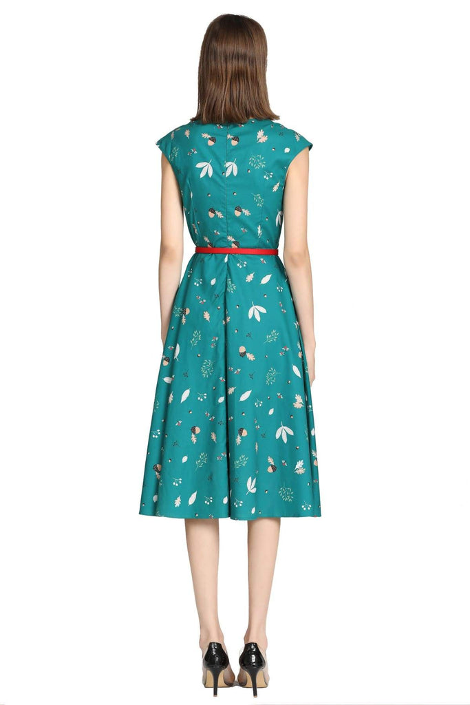 Green Sweetheart Acorn & Leaves A Line Cotton Dress with Pockets
